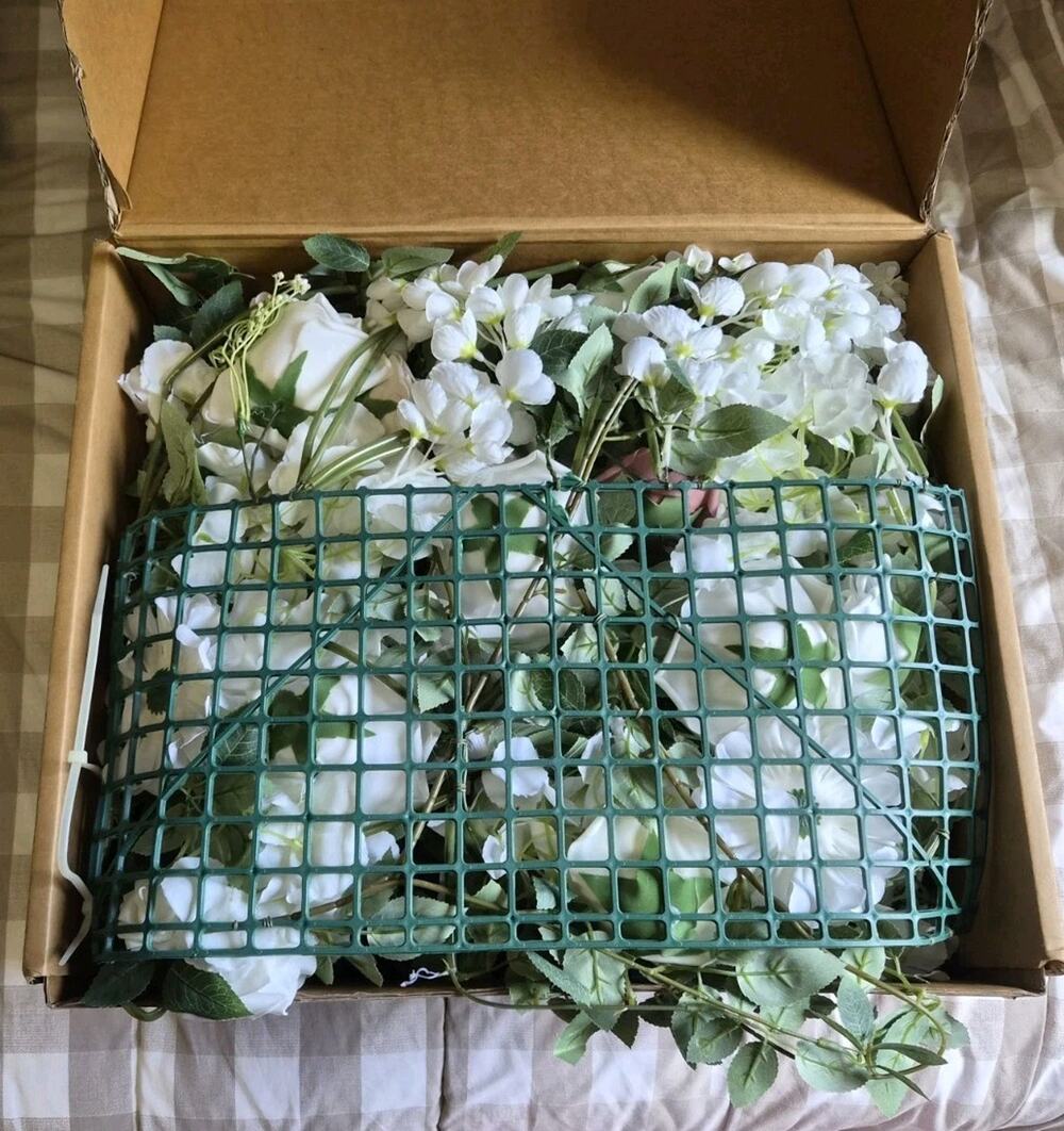Used ONCE Ling's Moments Artificial Flowers On Green Paneling White Pink & Blush